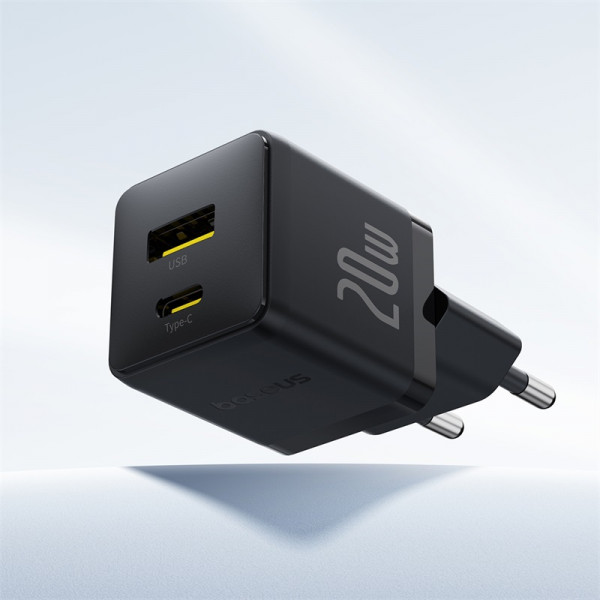 Мережевий зарядний пристрій Baseus Palm Fast Charger C+U 20W EU Cluster Black (with Baseus Mini White Cable USB-C to USB-C 60W (20V/3A) 1m Cluster Bla (P10111608113-01)