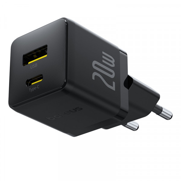 Мережевий зарядний пристрій Baseus Palm Fast Charger C+U 20W EU Cluster Black (with Baseus Mini White Cable USB-C to USB-C 60W (20V/3A) 1m Cluster Bla (P10111608113-01)