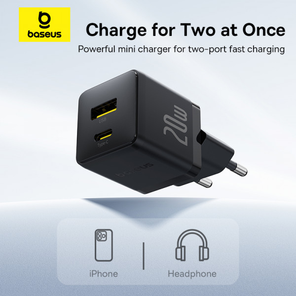 Мережевий зарядний пристрій Baseus Palm Fast Charger C+U 20W EU Cluster Black (with Baseus Mini White Cable USB-C to USB-C 60W (20V/3A) 1m Cluster Bla (P10111608113-01)