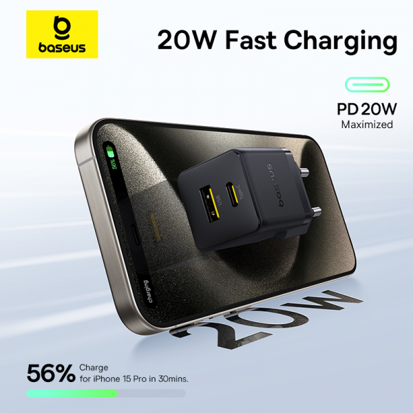 Мережевий зарядний пристрій Baseus Palm Fast Charger C+U 20W EU Cluster Black (with Baseus Mini White Cable USB-C to USB-C 60W (20V/3A) 1m Cluster Bla (P10111608113-01)