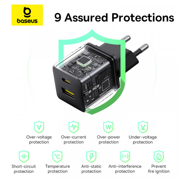 Мережевий зарядний пристрій Baseus Palm Fast Charger C+U 20W EU Cluster Black (with Baseus Mini White Cable USB-C to USB-C 60W (20V/3A) 1m Cluster Bla (P10111608113-01)