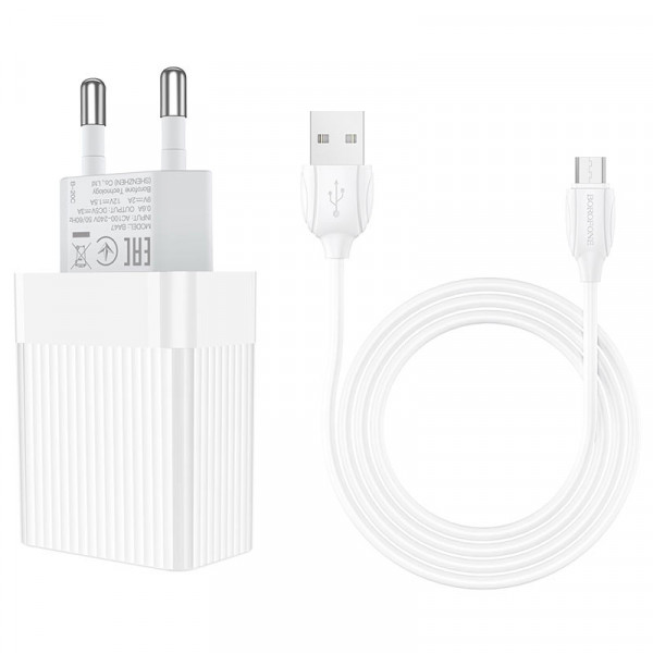 Мережевий зарядний пристрій BOROFONE BA47A Mighty speed single port QC3.0 3A + Micro-USB cable 18W Білий