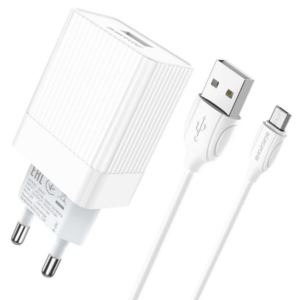 Мережевий зарядний пристрій BOROFONE BA47A Mighty speed single port QC3.0 3A + Micro-USB cable 18W Білий