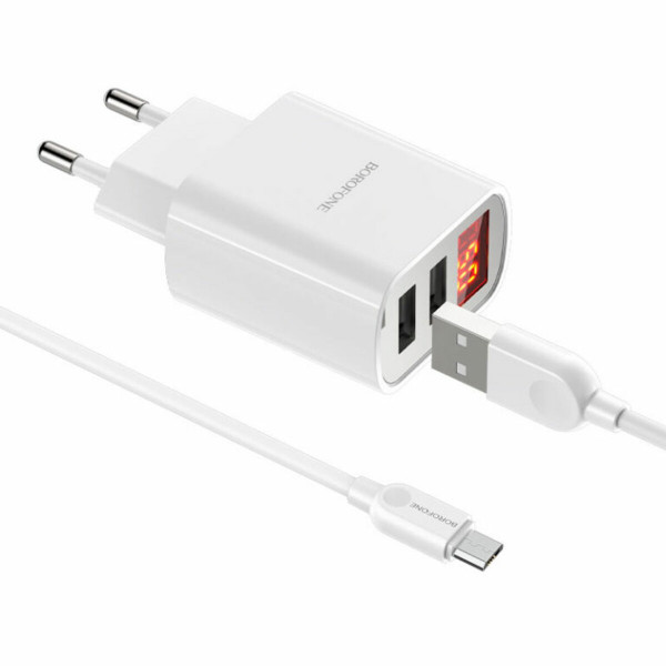 Мережевий зарядний пристрій BOROFONE BA58A Mighty dual port digital display charger set(Micro)White