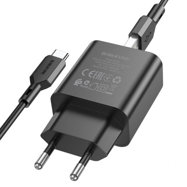 Мережевий зарядний пристрій BOROFONE BA72A Spring single port QC3.0 charger set(Type-C) 18W Чорний