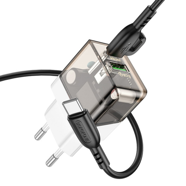Мережевий зарядний пристрій BOROFONE BA80A Scenery PD20W+QC3.0 charger set(Type-C to Type-C) Transparent Black
