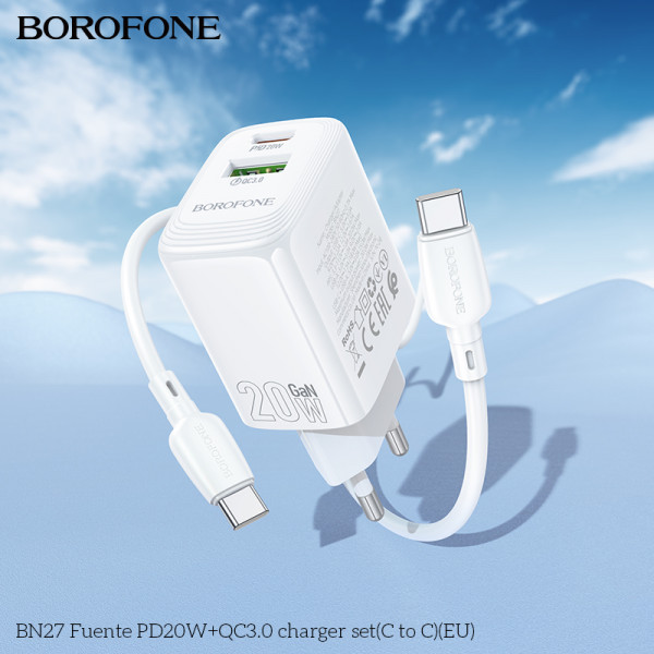 Мережевий зарядний пристрій BOROFONE BN27 Fuente PD20W+QC3.0 charger (EU) White