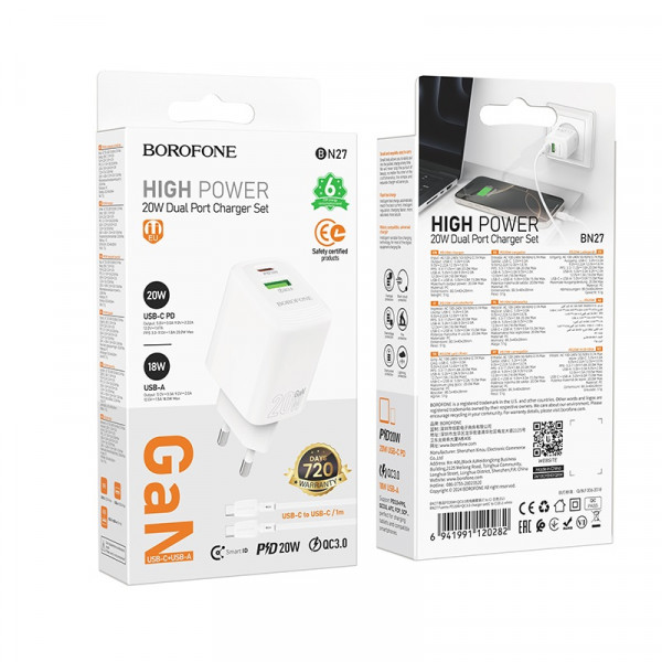 Мережевий зарядний пристрій BOROFONE BN27 Fuente PD20W+QC3.0 charger (EU) White