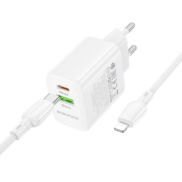 Мережевий зарядний пристрій BOROFONE BN29 Fuente PD30W+QC3.0 charger set (C to iP) (EU) White