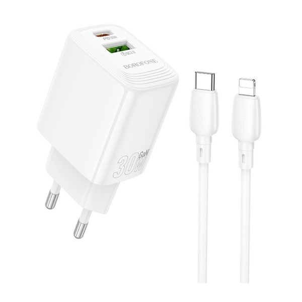 Мережевий зарядний пристрій BOROFONE BN29 Fuente PD30W+QC3.0 charger set (C to iP) (EU) White