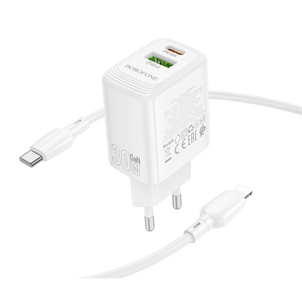 Мережевий зарядний пристрій BOROFONE BN29 Fuente PD30W+QC3.0 charger set (C to iP) (EU) White