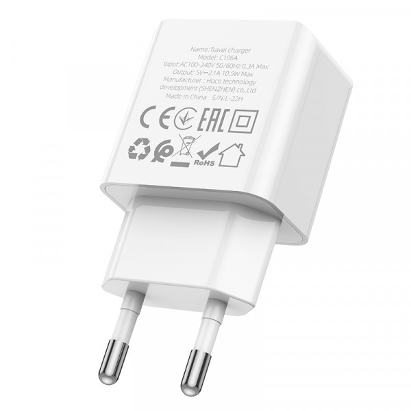Мережевий зарядний пристрій HOCO C106A Leisure single port charger 10,5W White (6931474783882)