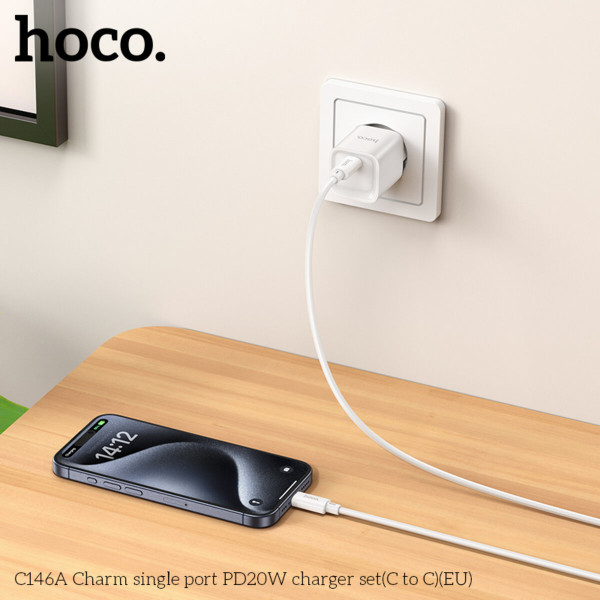 Мережевий зарядний пристрій HOCO C146A Charm single port PD20W charger set (C to C) (EU) White