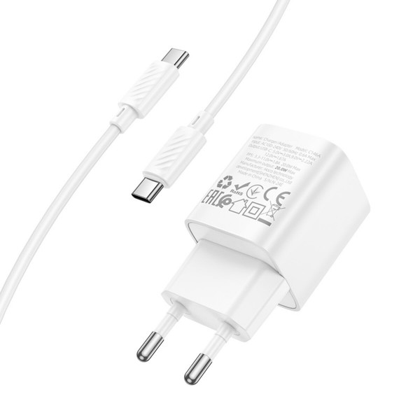 Мережевий зарядний пристрій HOCO C146A Charm single port PD20W charger set (C to C) (EU) White