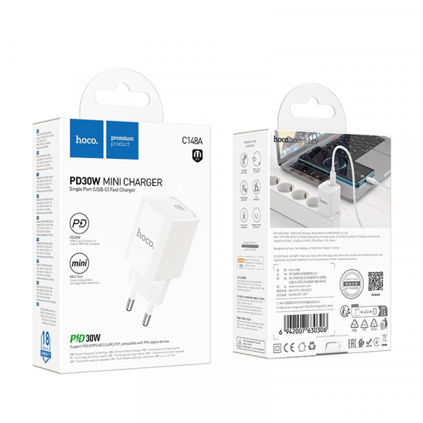 Мережевий зарядний пристрій HOCO C148A Charm single port PD30W charger (EU) White
