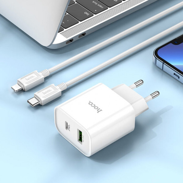 Мережевий зарядний пристрій HOCO C80A Plus Rapido PD20W+QC3.0 charger set(C to iP) Білий