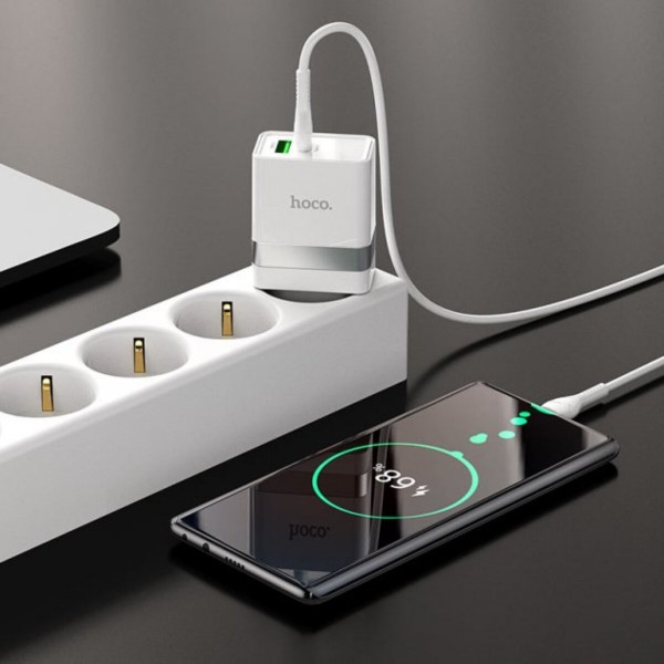 Мережевий зарядний пристрій HOCO N21 Extension speed PD30W+QC3.0 charger set(C to iP) White