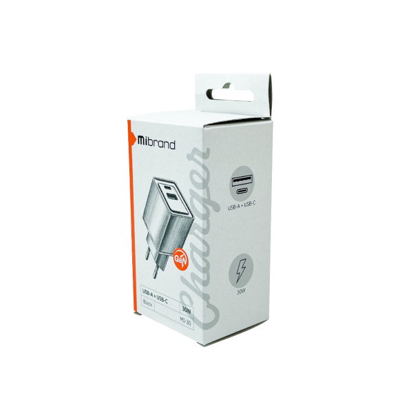 Мережевий зарядний пристрій Mibrand MI-30 GaN 30W Travel Charger USB-A + USB-C Black