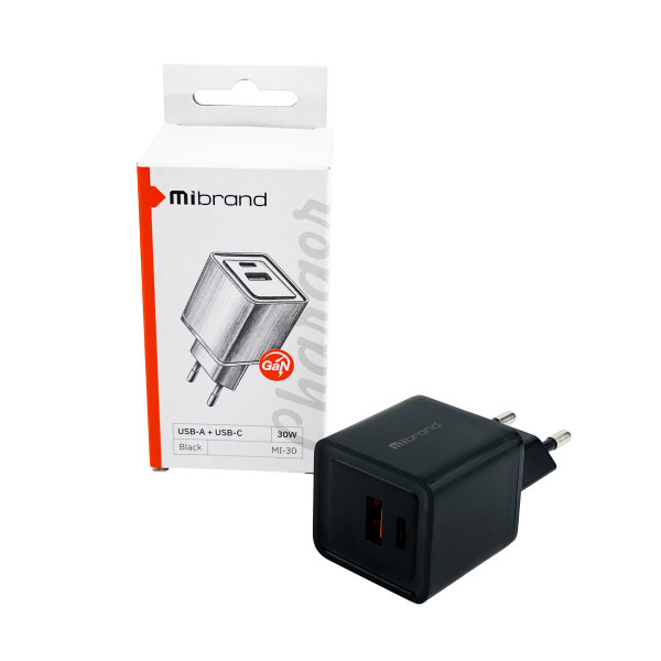Мережевий зарядний пристрій Mibrand MI-30 GaN 30W Travel Charger USB-A + USB-C Black