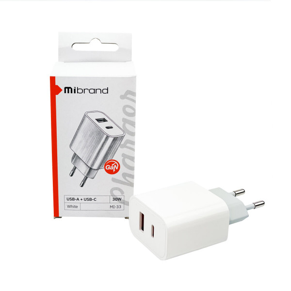 Мережевий зарядний пристрій Mibrand MI-33 GaN 30W Travel Charger USB-A + USB-C White