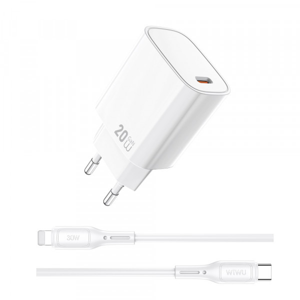 Мережевий зарядний пристрій WIWU 20W Essen GaN Fast Charger+ Cable Combo Wi-G007 C-L EU White (6977703653908)