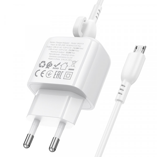 Мережевий зарядний пристрій з кабелем BOROFONE BAS41A Potential dual-port charger set(Micro) White (6941991113765)