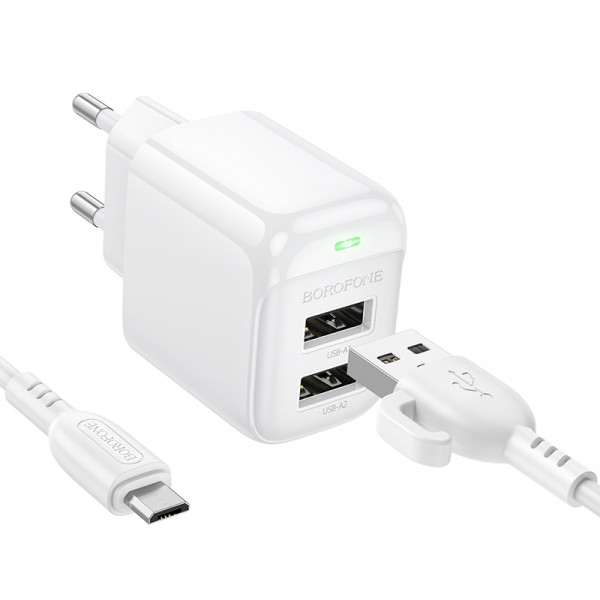 Мережевий зарядний пристрій з кабелем BOROFONE BAS41A Potential dual-port charger set(Micro) White (6941991113765)