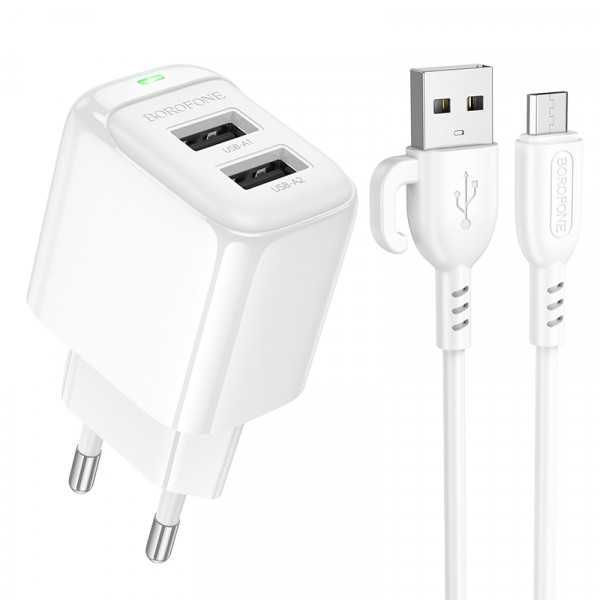 Мережевий зарядний пристрій з кабелем BOROFONE BAS41A Potential dual-port charger set(Micro) White (6941991113765)