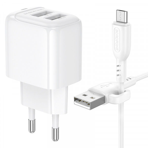 Мережевий зарядний пристрій з кабелем BOROFONE BAS41A Potential dual-port charger set(Micro) White (6941991113765)