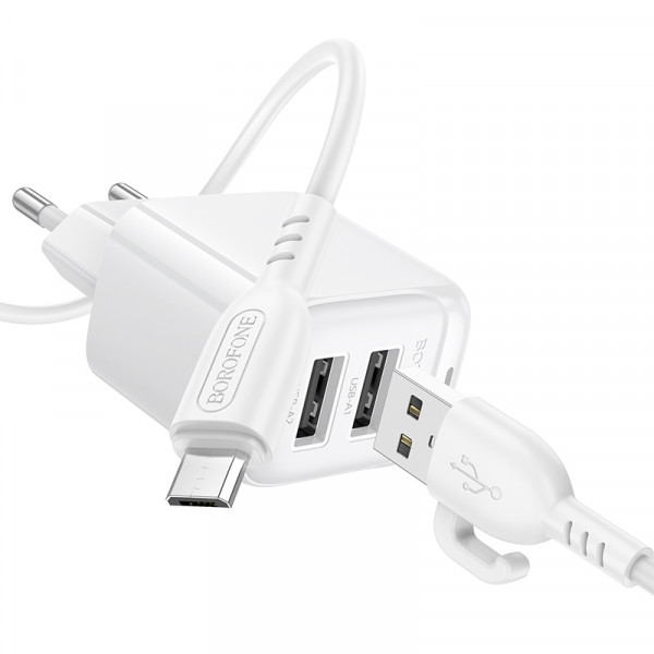 Мережевий зарядний пристрій з кабелем BOROFONE BAS41A Potential dual-port charger set(Micro) White (6941991113765)