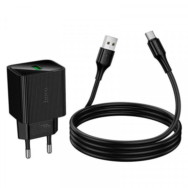 Мережевий зарядний пристрій з кабелем HOCO CS111A Lounge single-port 22.5W multi-protocol charger set(Type-C) Black (6942007680363)