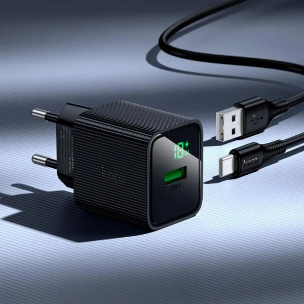 Мережевий зарядний пристрій з кабелем HOCO CS111A Lounge single-port 22.5W multi-protocol charger set(Type-C) Black (6942007680363)