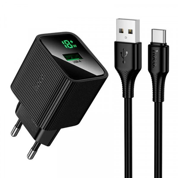 Мережевий зарядний пристрій з кабелем HOCO CS111A Lounge single-port 22.5W multi-protocol charger set(Type-C) Black (6942007680363)