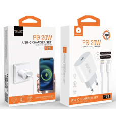Мережевий зарядний пристрій з кабелем WUW-T79L PD 20W USB C charger with type c to lightning cable (6972573336234)