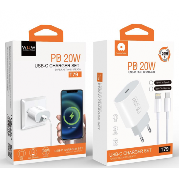 Мережевий зарядний пристрій з кабелем WUW-T79L PD 20W USB C charger with type c to lightning cable (6972573336234)