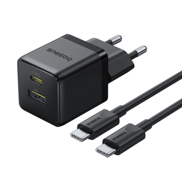 Мережевий зарядник пристрій Baseus Palm Fast Charger C+U 30W EU Cluster Black (with Baseus Mini Білий Cable USB-C to USB-C 60W (20V/3A) 1m)