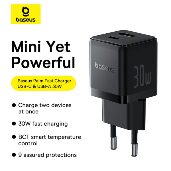 Мережевий зарядник пристрій Baseus Palm Fast Charger C+U 30W EU Cluster Black (with Baseus Mini Білий Cable USB-C to USB-C 60W (20V/3A) 1m)