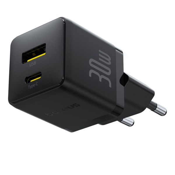 Мережевий зарядник пристрій Baseus Palm Fast Charger C+U 30W EU Cluster Black (with Baseus Mini Білий Cable USB-C to USB-C 60W (20V/3A) 1m)