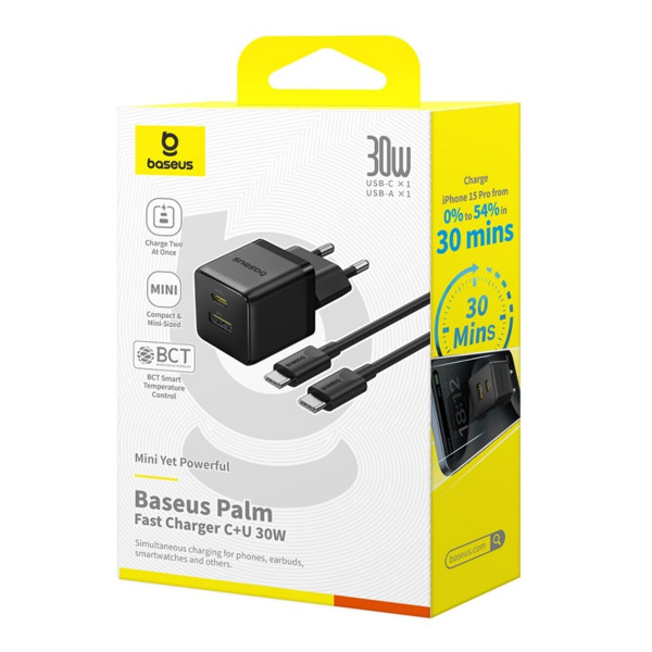 Мережевий зарядник пристрій Baseus Palm Fast Charger C+U 30W EU Cluster Black (with Baseus Mini Білий Cable USB-C to USB-C 60W (20V/3A) 1m)