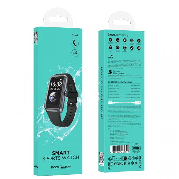 Смарт-годинник HOCO Y34 37mm. 180 mAh. IP67 Smart sports watch(call version) Black (6942007662703)