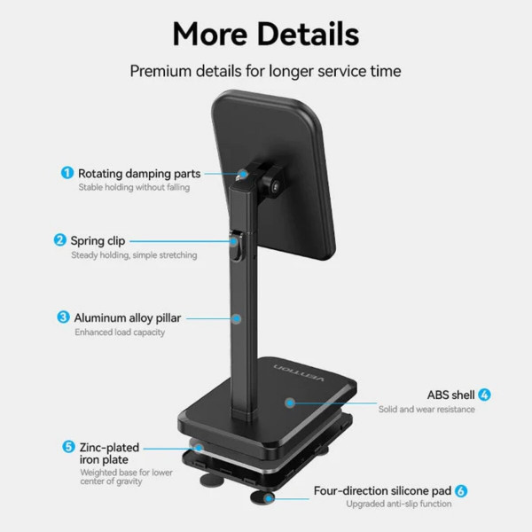 Тримач для телефону Height Adjustable Desktop Cell Phone Stand Чорний Aluminum Alloy Type (KCQB0)