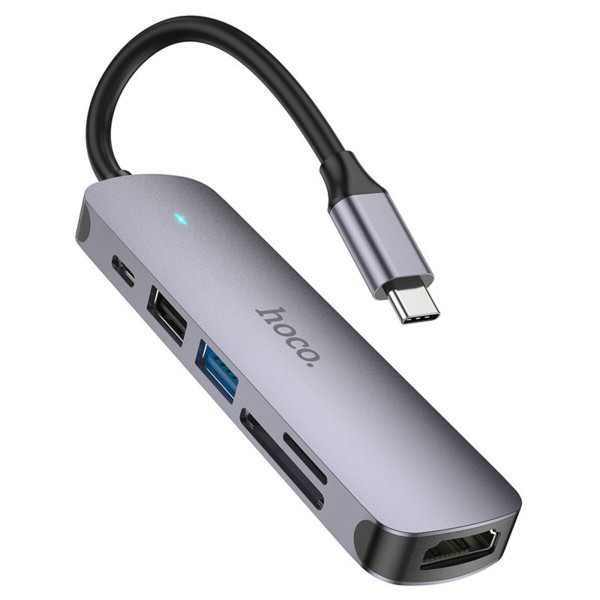 USB-хаб HOCO HB28 Type-C multi-function converter(HDTV+USB3.0+USB2.0+SD+TF+PD) Metal Gray