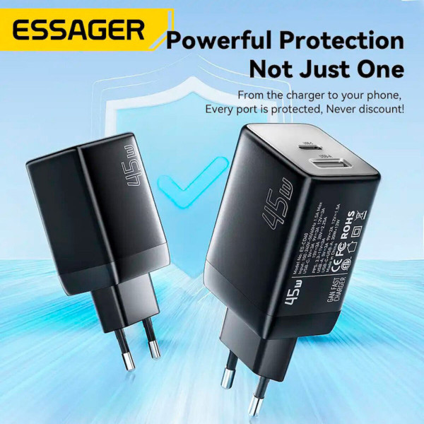 Зарядний пристрій ESSAGER ECT45W Gan 1USB 1T-C 45W чорний