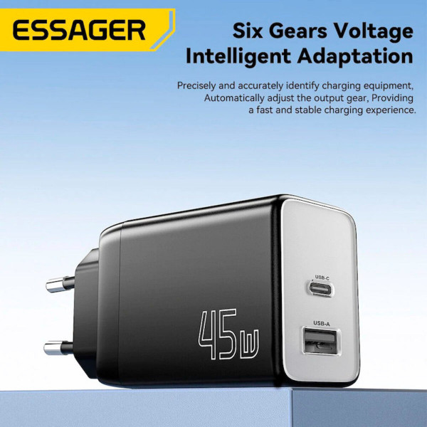 Зарядний пристрій ESSAGER ECT45W Gan 1USB 1T-C 45W чорний