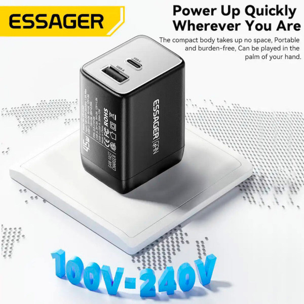 Зарядний пристрій ESSAGER ECT45W Gan 1USB 1T-C 45W чорний