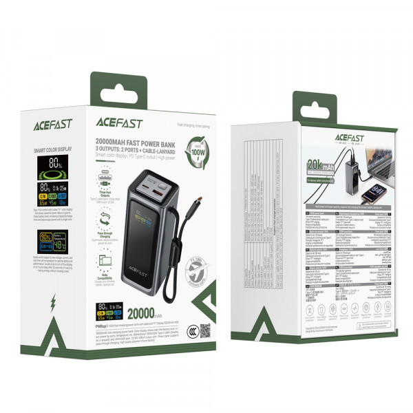 Зовнішній акумулятор ACEFAST M33-20000 100W fast charging power bank with cable and TFT display metal gray (6974316286363)