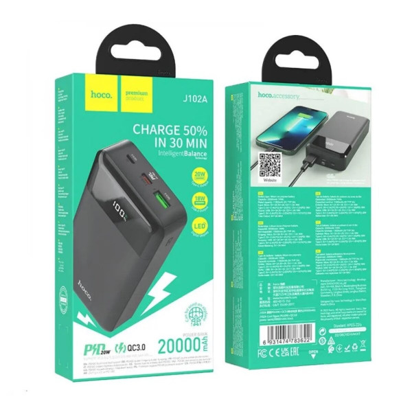 Зовнішній акумулятор HOCO J102A Cool figure PD20W+QC3.0 power bank(20000mAh) Чорний