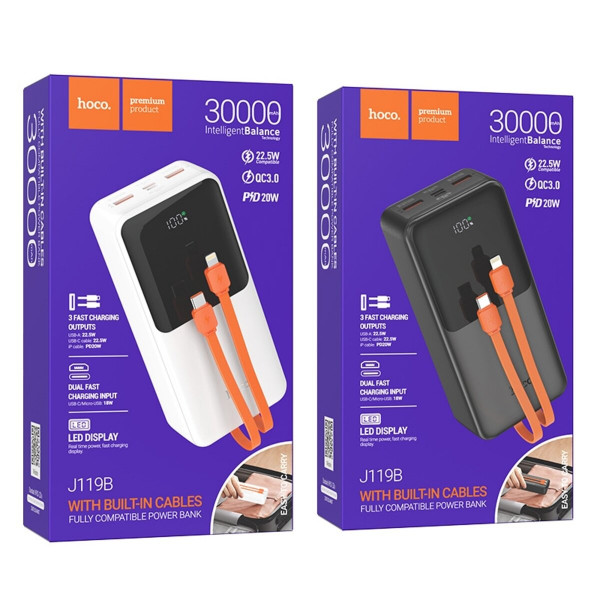 Зовнішній акумулятор HOCO J119B Sharp charger 22.5W+PD20 fully compatible power bank with digital display and cable(30000mAh) White