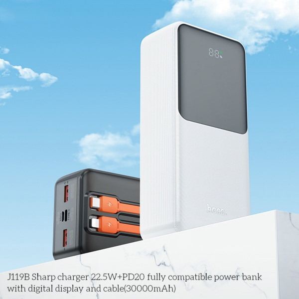 Зовнішній акумулятор HOCO J119B Sharp charger 22.5W+PD20 fully compatible power bank with digital display and cable(30000mAh) White