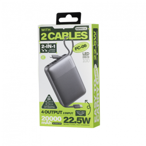 Зовнішній акумулятор REMAX 22.5W Fast Charging Cables Power Bank 20000mAh FC-06 grey (6954851238874)